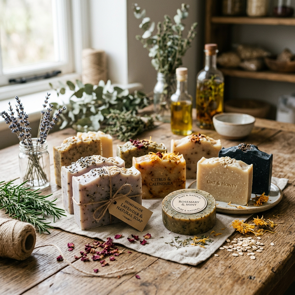 Handmade soaps labeled Citrus & Calendula, Oat & Honey, Lavender & Natural Soap, and Rosemary & Mint