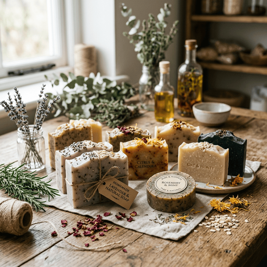 Handmade soaps labeled Citrus & Calendula, Oat & Honey, Lavender & Natural Soap, and Rosemary & Mint